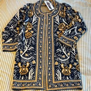 Max Sport Navy and Mustard Floral Patterned Long Cardigan -  2 Front Pockets